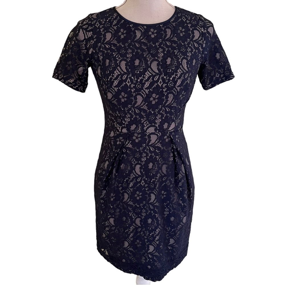 Donna Ricco Navy Blue Lace Short Sleeve Sheath Dress 2P